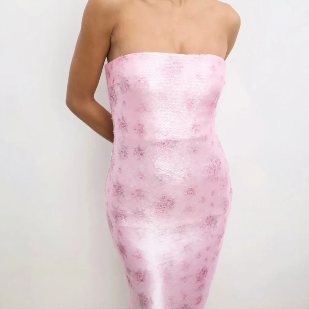 LoveShackFancy Stasia Sequin Floral Strapless Pink Cocktail Midi Dress NEW - Picture 8 of 15